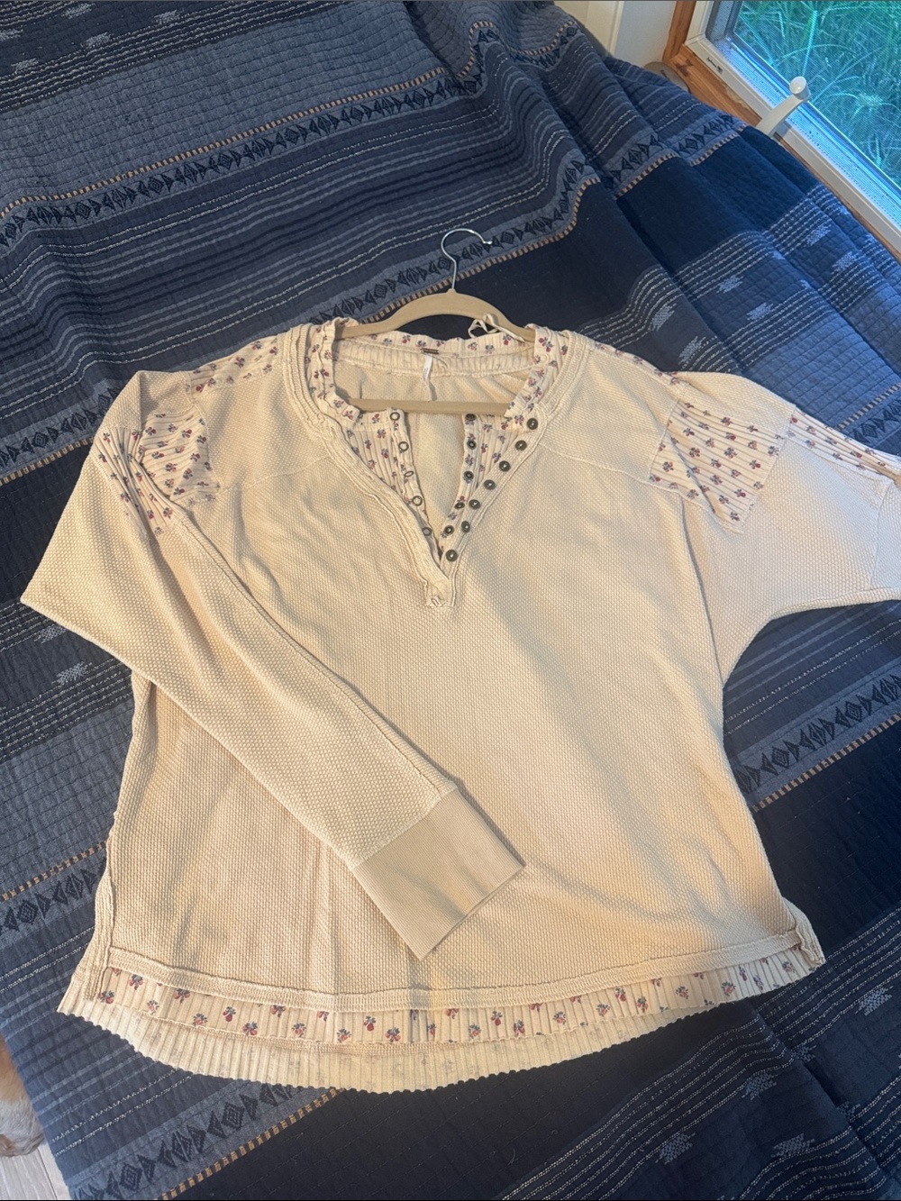 Free People Cream Waffle Henley with Floral Trim